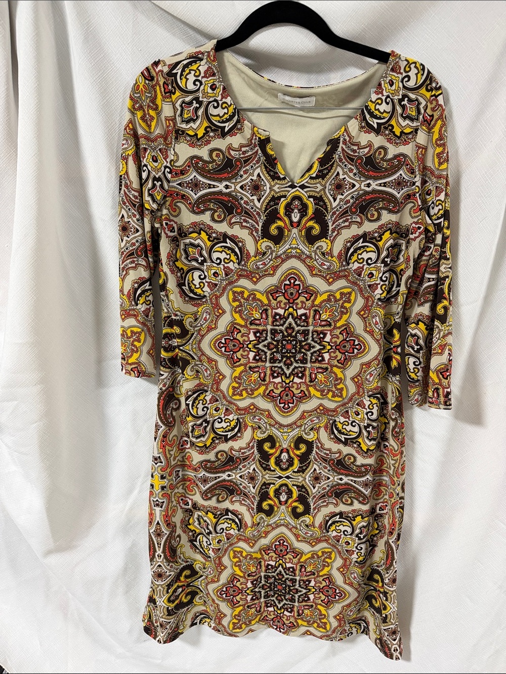 Charter Club Beige Paisley Medallion Long Sleeve Shift Dress with Yellow Accents